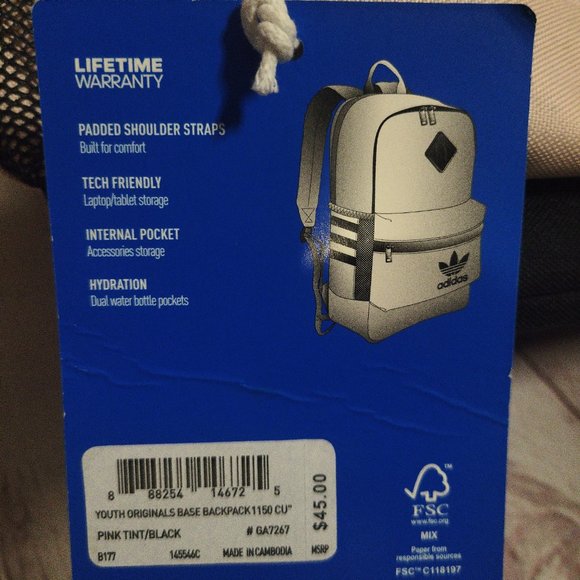 NWT TECH FRIENDLY Adidas Originals Base Laptop Backpack - Pink Tint/Black - Picture 13 of 13